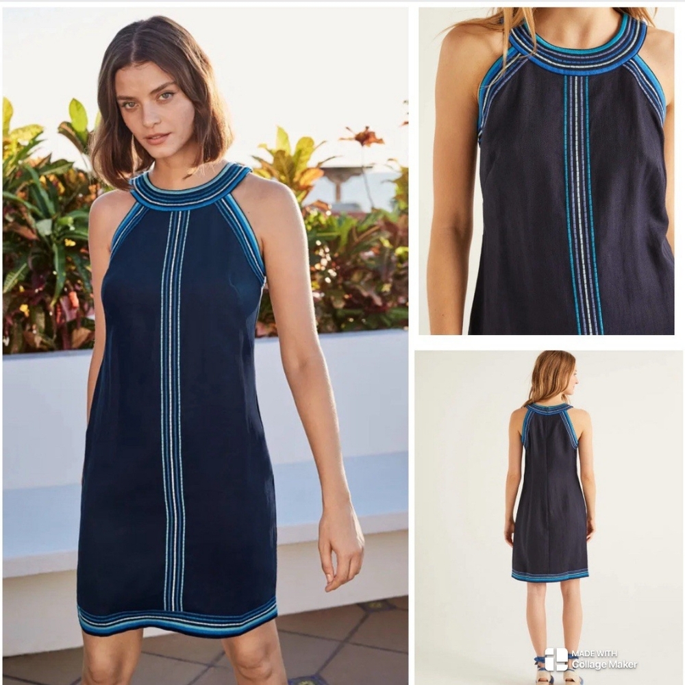 ✨ Boden Navy Blue Linen Halter Dress with blue Accents. Size 12. NWT.